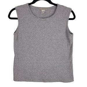 Gray/White Striped Ribbed Crewneck Sleeveless Knit Tank Medium Cotton